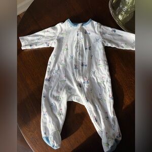 Little Me White Footed One-Piece with Blue Trim and Golf Cart Print